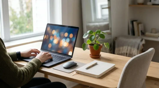 Professional remote worker managing cloud collaboration tools in modern home office setup