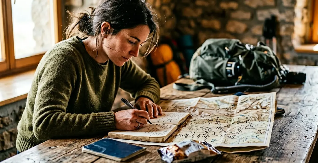 Budget traveler planning immersive sabbatical expedition with backpack and maps