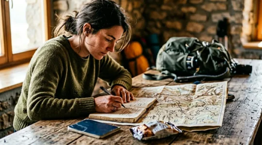 Budget traveler planning immersive sabbatical expedition with backpack and maps