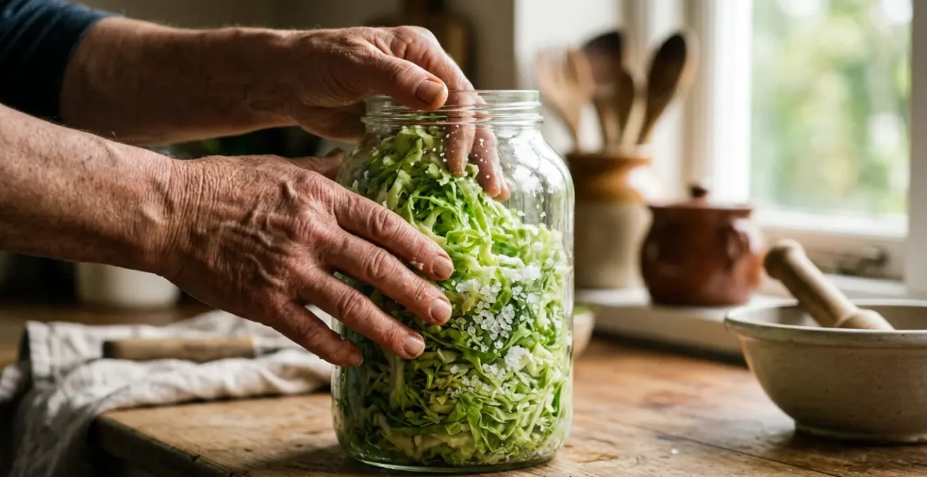 Close-up of hands massaging cabbage with salt in a clean glass jar, showing natural fermentation preparation with soft kitchen window light