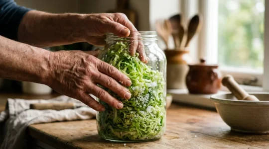 Close-up of hands massaging cabbage with salt in a clean glass jar, showing natural fermentation preparation with soft kitchen window light