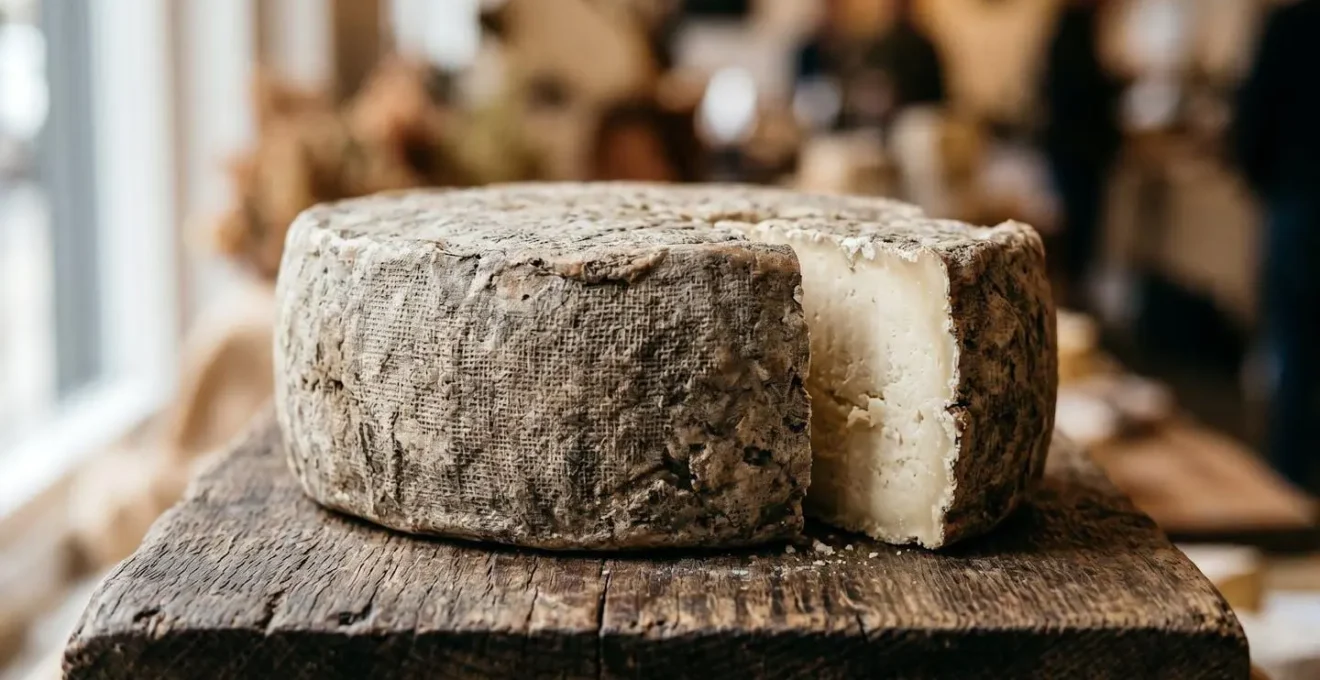 Artisan Scottish cheese wheel on rustic wooden surface with soft natural lighting highlighting texture