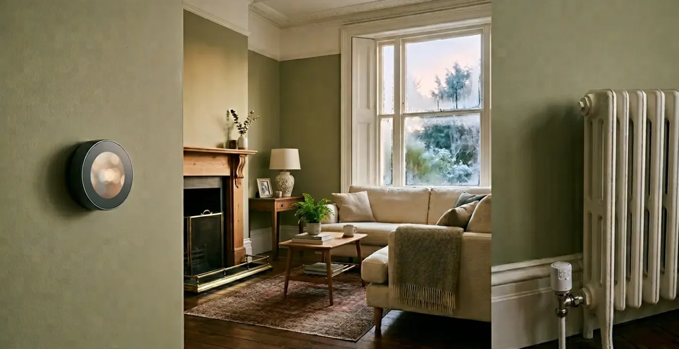 Modern UK home interior with smart thermostat and radiator valve technology for winter energy efficiency