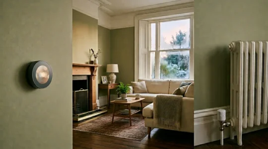 Modern UK home interior with smart thermostat and radiator valve technology for winter energy efficiency