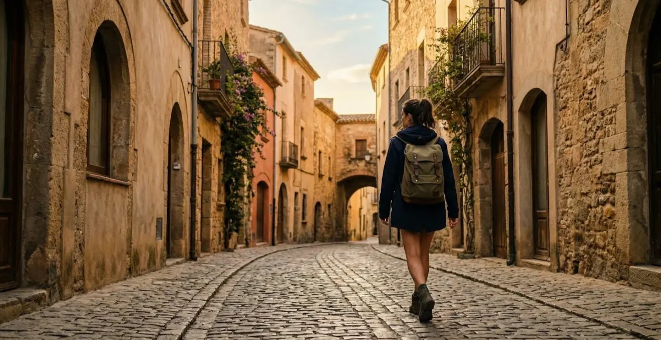 Solo traveler navigating a European city street with confidence and awareness