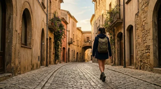 Solo traveler navigating a European city street with confidence and awareness