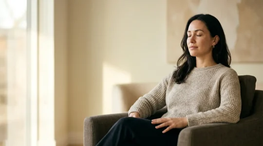 Person in peaceful meditation state releasing digital tension through body awareness