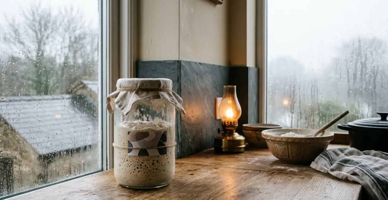 Active sourdough starter in glass jar placed near warm light source during cold British winter morning