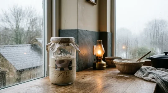 Active sourdough starter in glass jar placed near warm light source during cold British winter morning