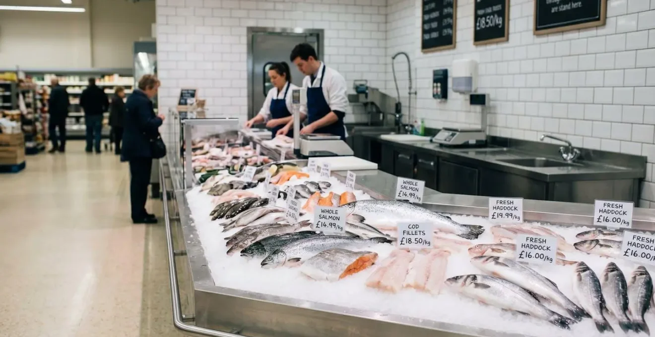 Close-up of fresh fish displayed on ice at a UK supermarket seafood counter with visible certification labels