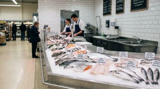 Close-up of fresh fish displayed on ice at a UK supermarket seafood counter with visible certification labels