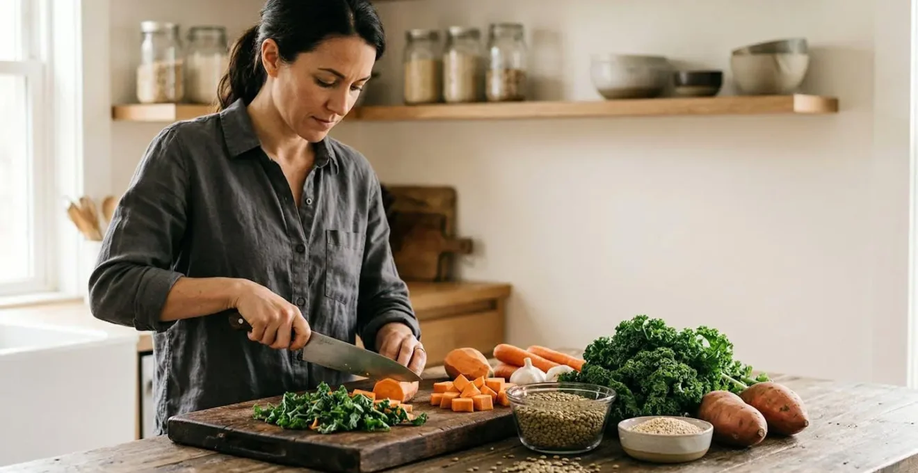 Athletic individual preparing whole-food vegan meal with fresh vegetables, legumes, and grains in natural kitchen setting