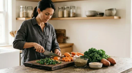 Athletic individual preparing whole-food vegan meal with fresh vegetables, legumes, and grains in natural kitchen setting