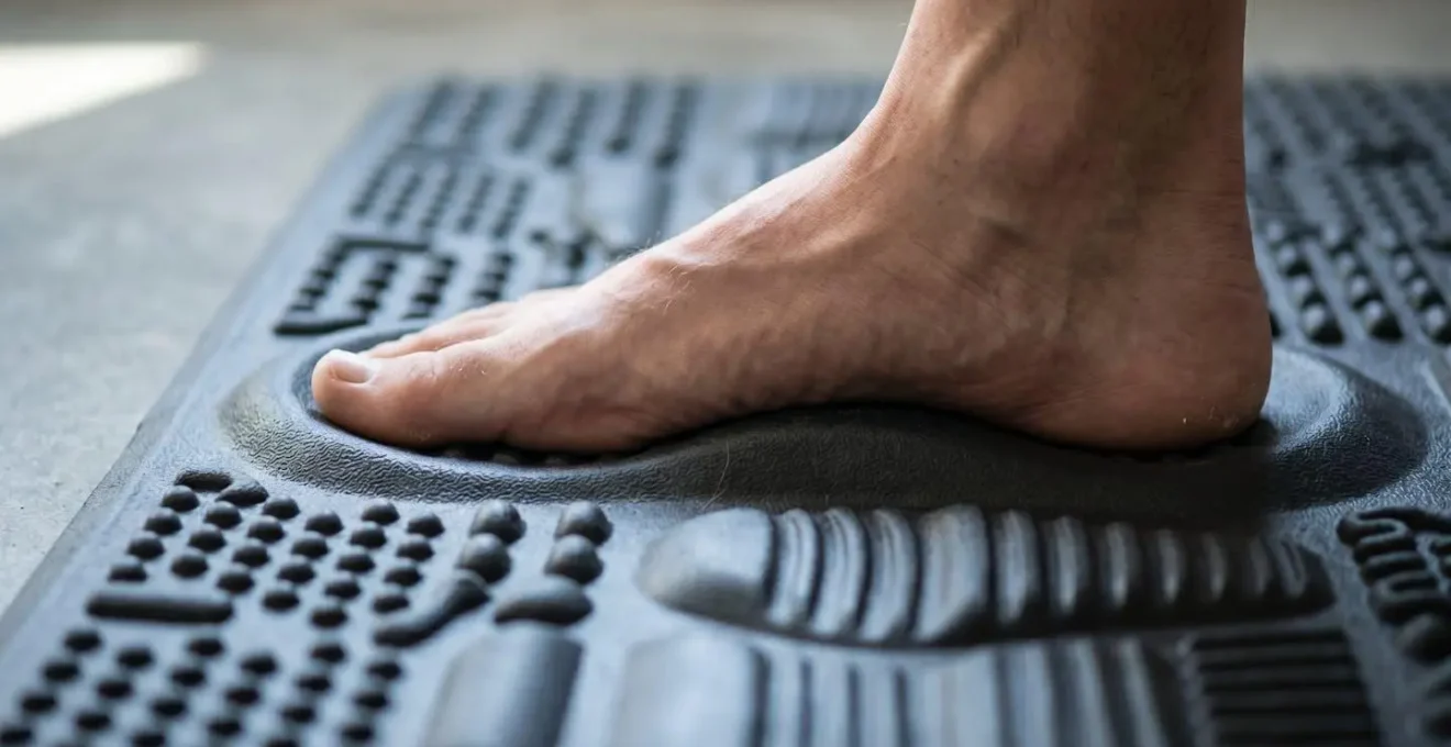 Macro detail shot of foot on textured anti-fatigue mat showing contoured terrain encouraging micro-movements and arch support