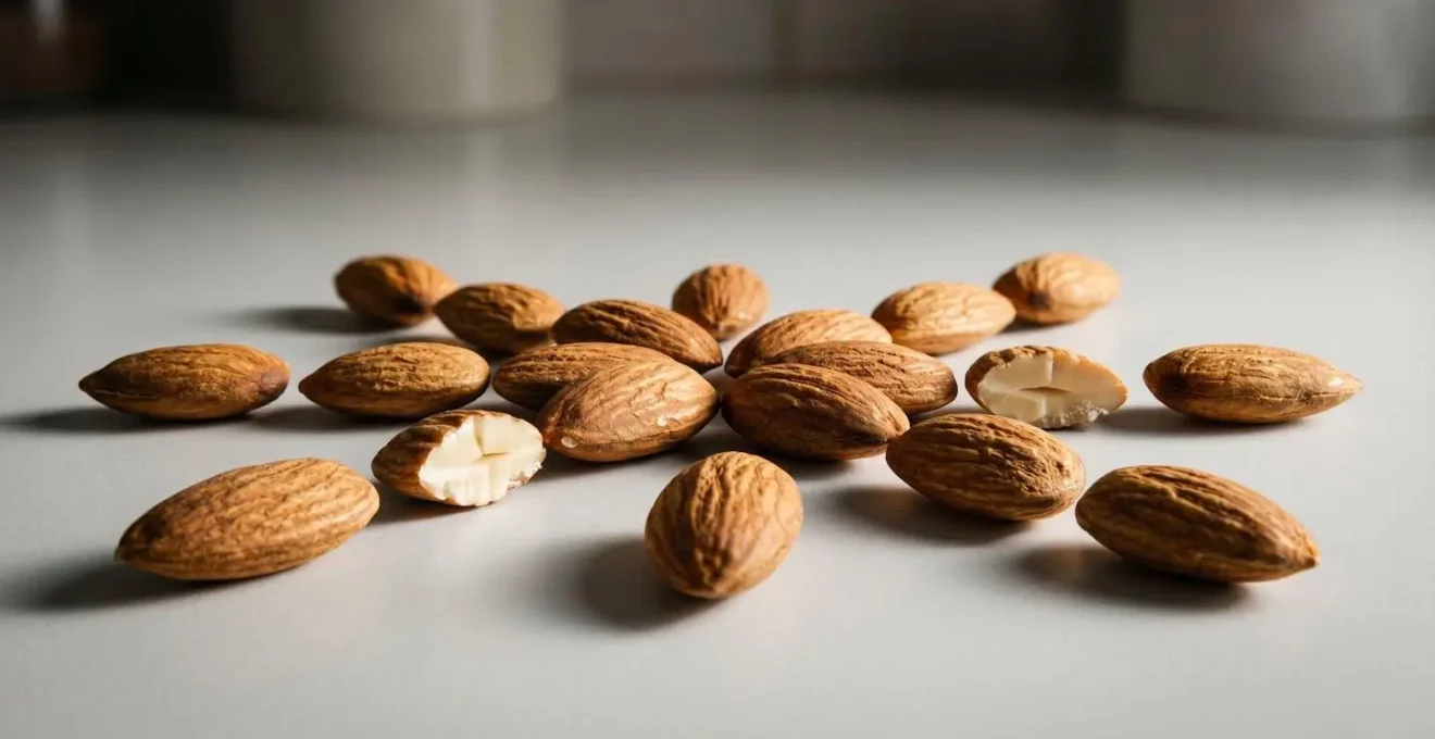 Artistic macro close-up of raw whole almonds showing rigid structure and natural textural detail on neutral surface