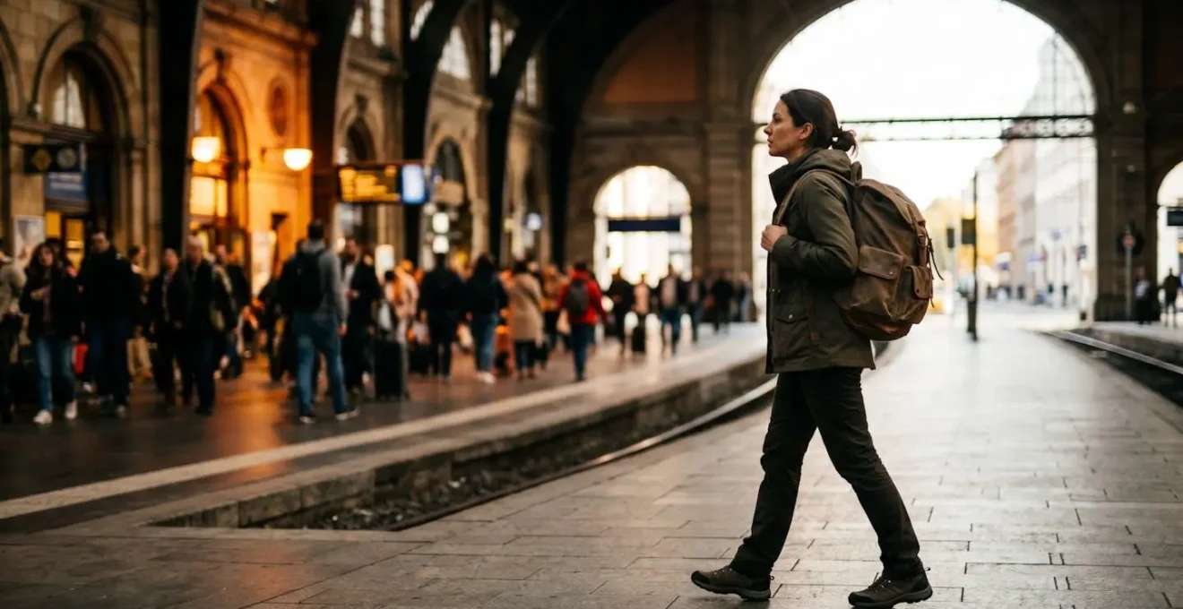 Solo backpacker walking purposefully away from busy train station with protective posture