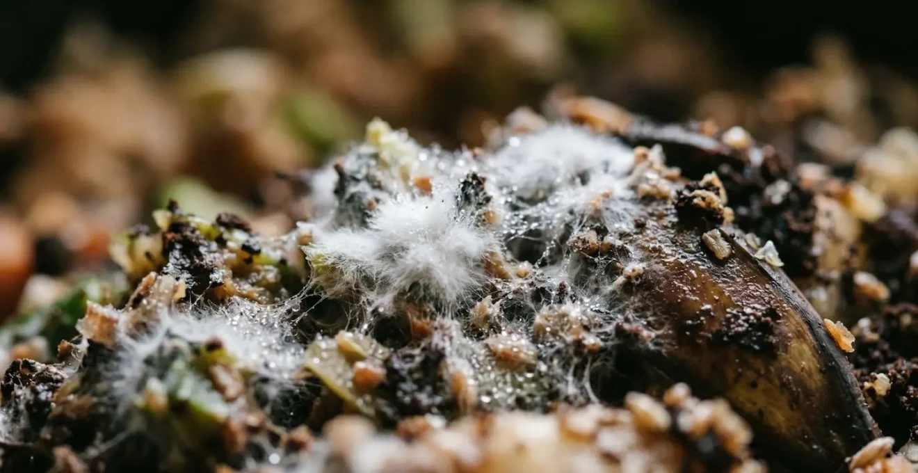 Extreme close-up macro photograph of healthy white Bokashi fermentation mold on organic food waste
