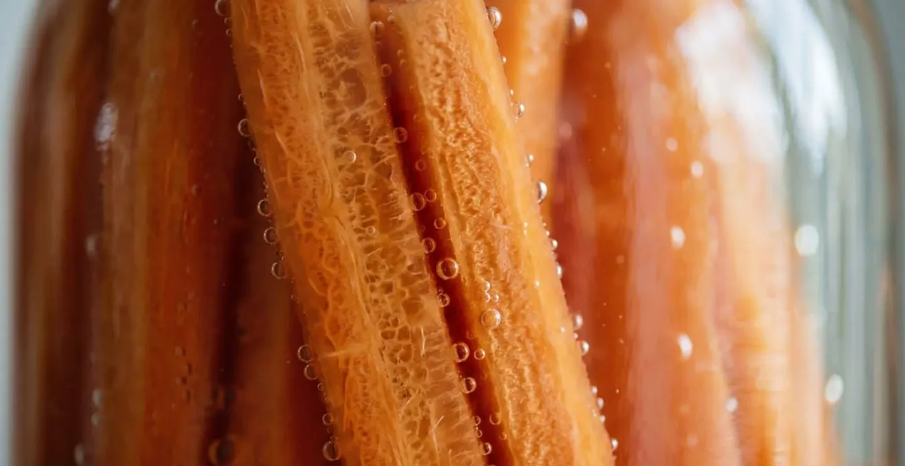 Macro detail of crisp fermented carrot sticks submerged in clear brine showing preserved texture and vibrant color