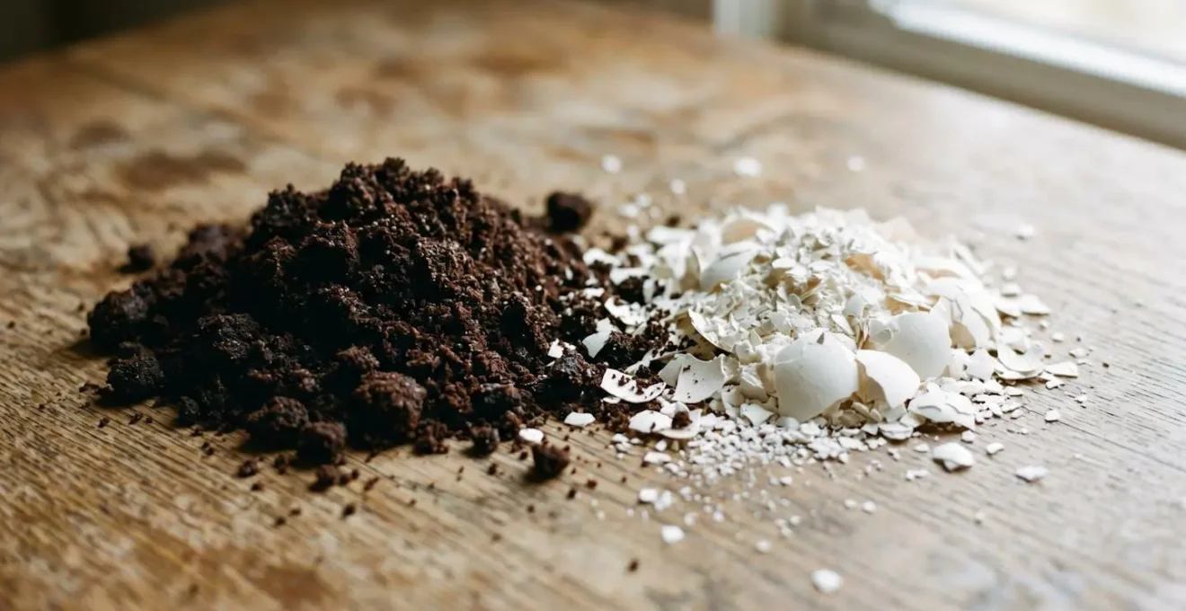 Symbolic composition showing coffee grounds and crushed eggshells representing pH balance for vermicomposting