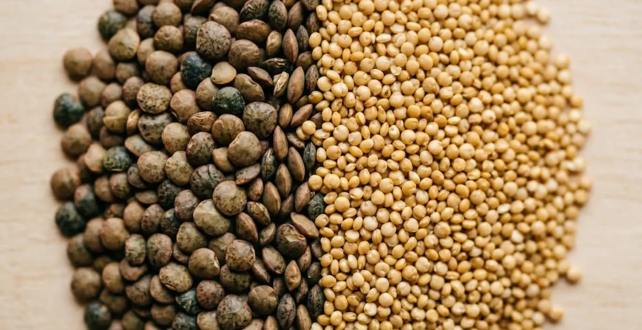 Macro close-up of lentils and quinoa grains showing textural detail and natural color contrast symbolizing protein complementation