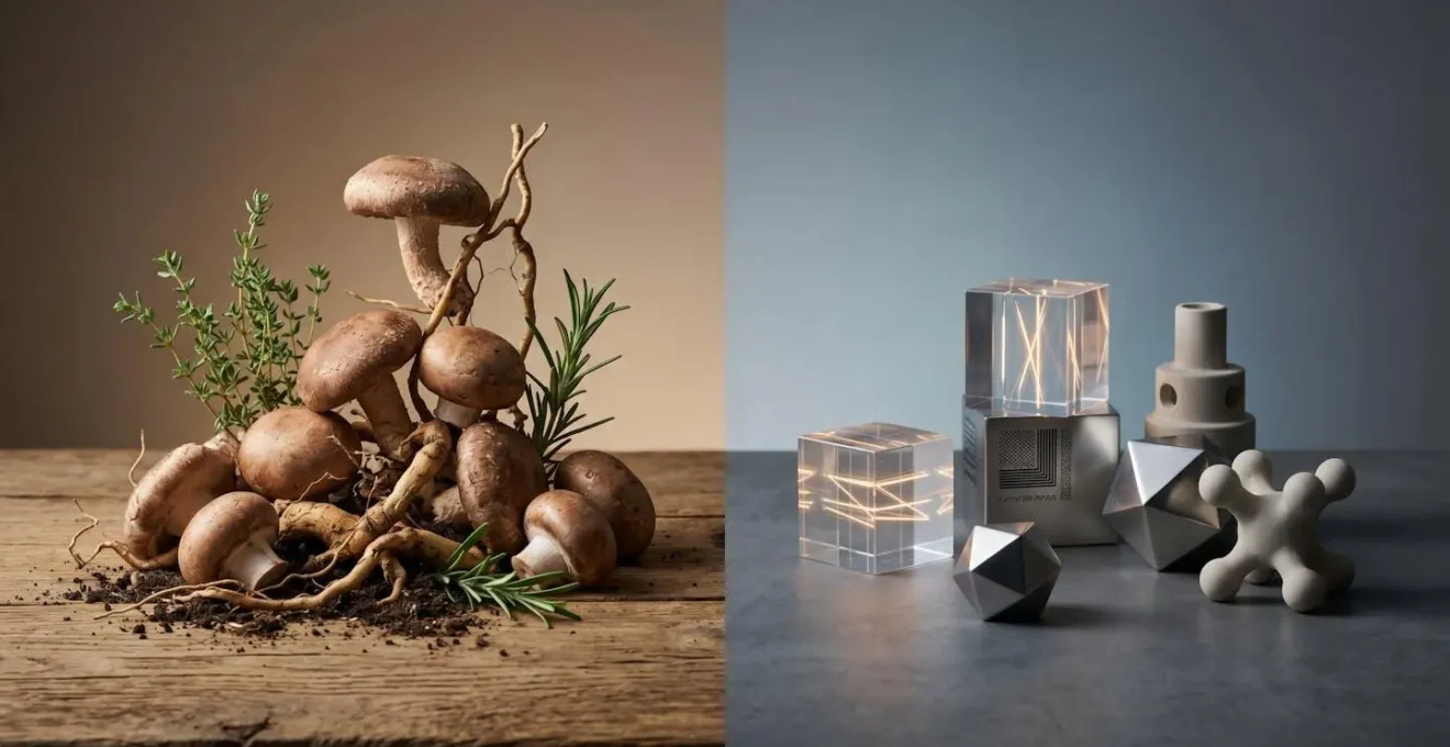 A symbolic still life contrasting natural adaptogenic ingredients arranged in balanced composition against synthetic energy sources, photographed with dramatic Rembrandt lighting to emphasize the philosophical divide between sustained wellness and temporary stimulation