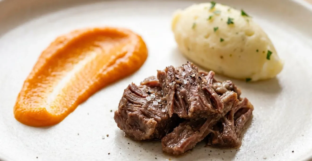 Budget stew components separated on plate demonstrating negative space and professional plating technique