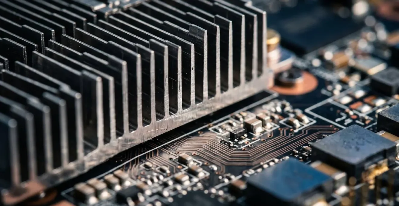 Extreme close-up of GPU silicon die and cooling fins showing intricate microscopic detail and texture