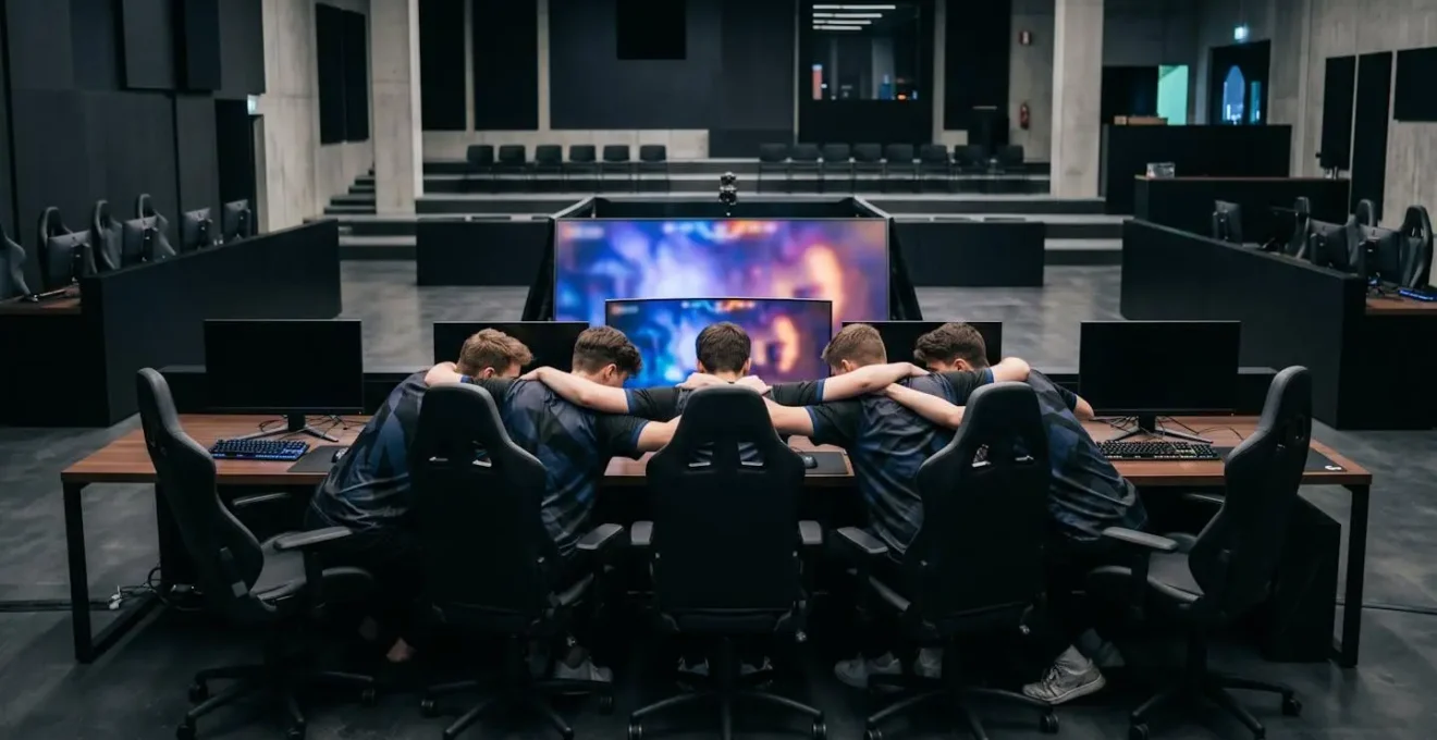 Wide environmental shot showing the critical moment of champion selection draft phase in competitive MOBA