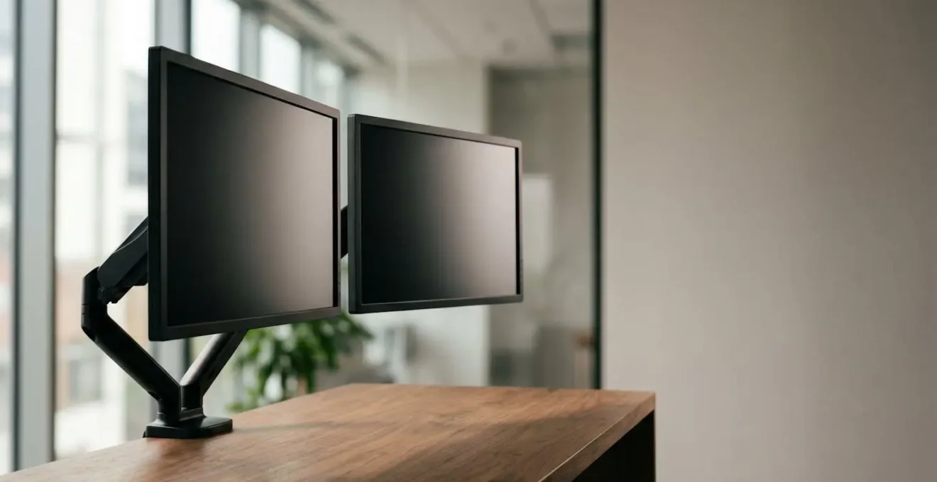 Professional dual monitor setup showing proper ergonomic alignment and height adjustment for executive workspace