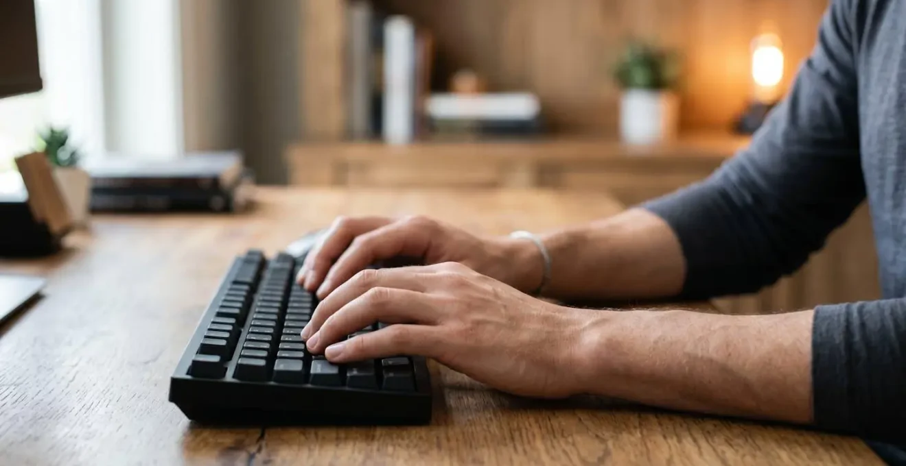 Human hands in proper ergonomic typing position showing ideal 90-degree elbow angle at adjustable desk height