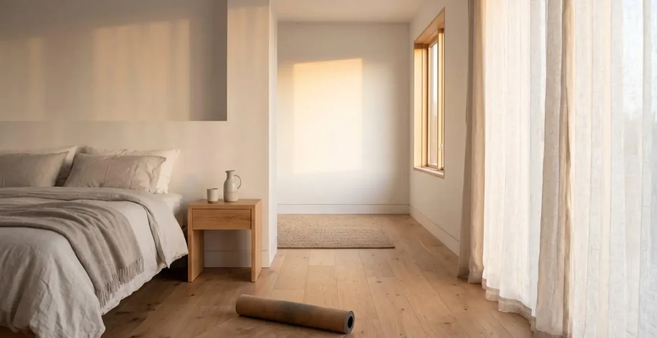 Wide environmental shot of a minimalist bedroom at dawn with natural light, conveying calm morning wellness routine space