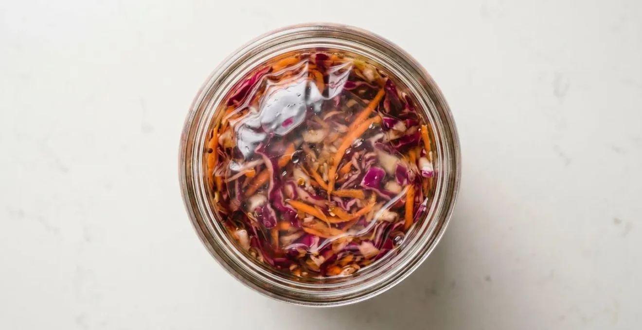 Top-down view of a brine-filled ziplock bag creating a complete seal over fermenting vegetables in a wide-mouth jar
