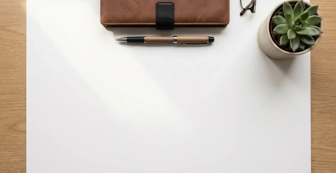 Overhead minimalist composition showing financial planning workspace with clean desk and thoughtful arrangement