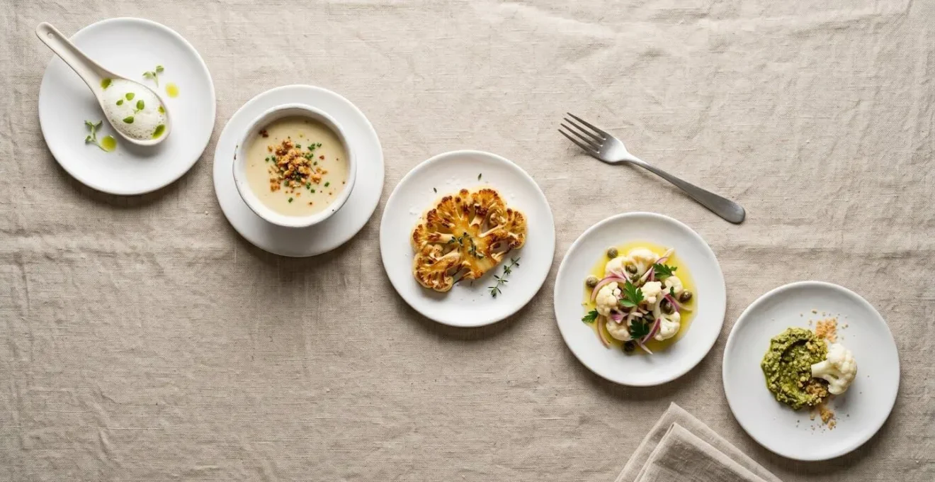 Overhead layout of five small plates showing budget degustation menu progression with seasonal vegetables