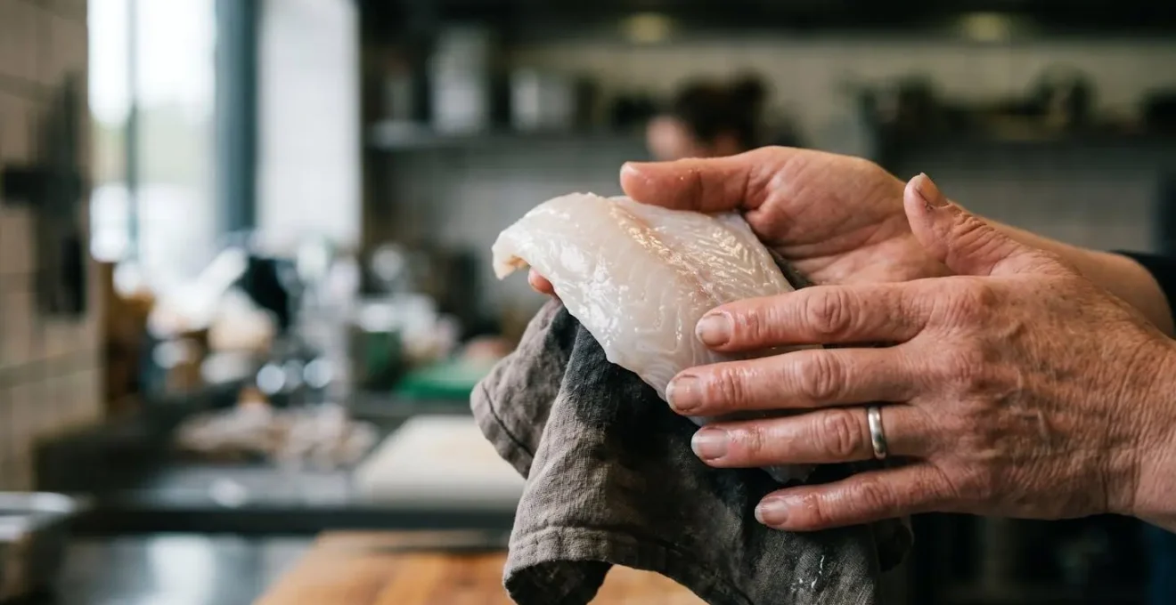 Close-up of premium white fish fillet showing fresh texture and quality on ice display