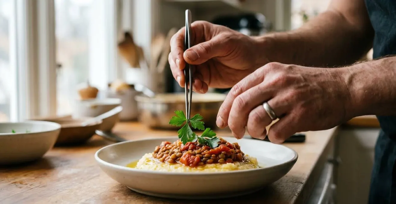 Chef's hands delicately placing fresh herb garnish on home-cooked meal at the final moment