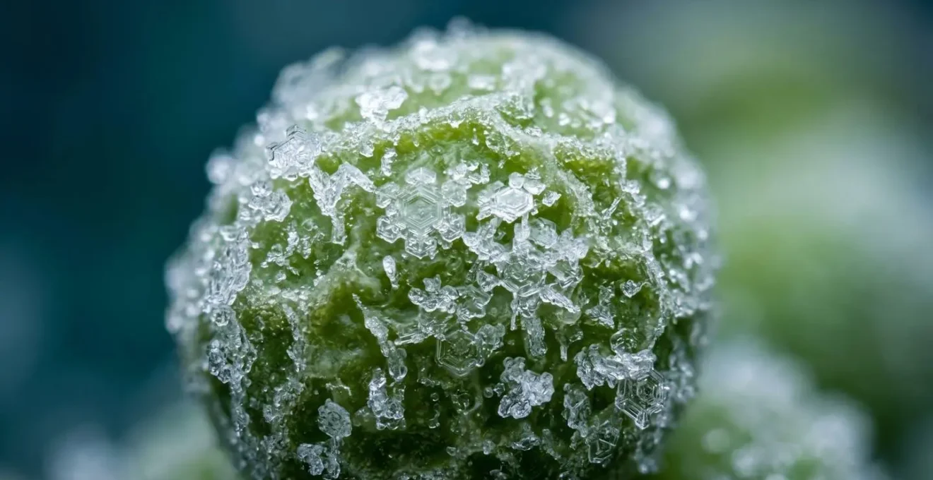 Extreme close-up of flash-frozen vegetable crystals showcasing nutrient preservation through freezing process