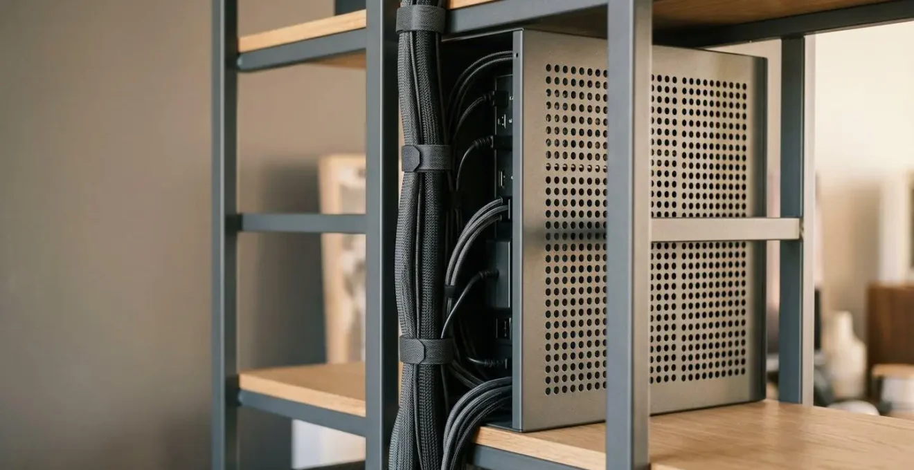 Rear view of a modular shelving unit showing organized cable routing channels and ventilated compartments