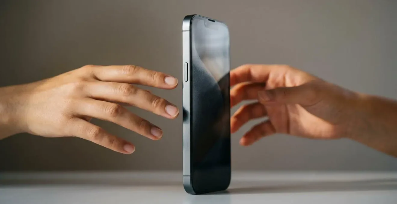 A smartphone placed between two people creating a physical and emotional barrier to direct human connection