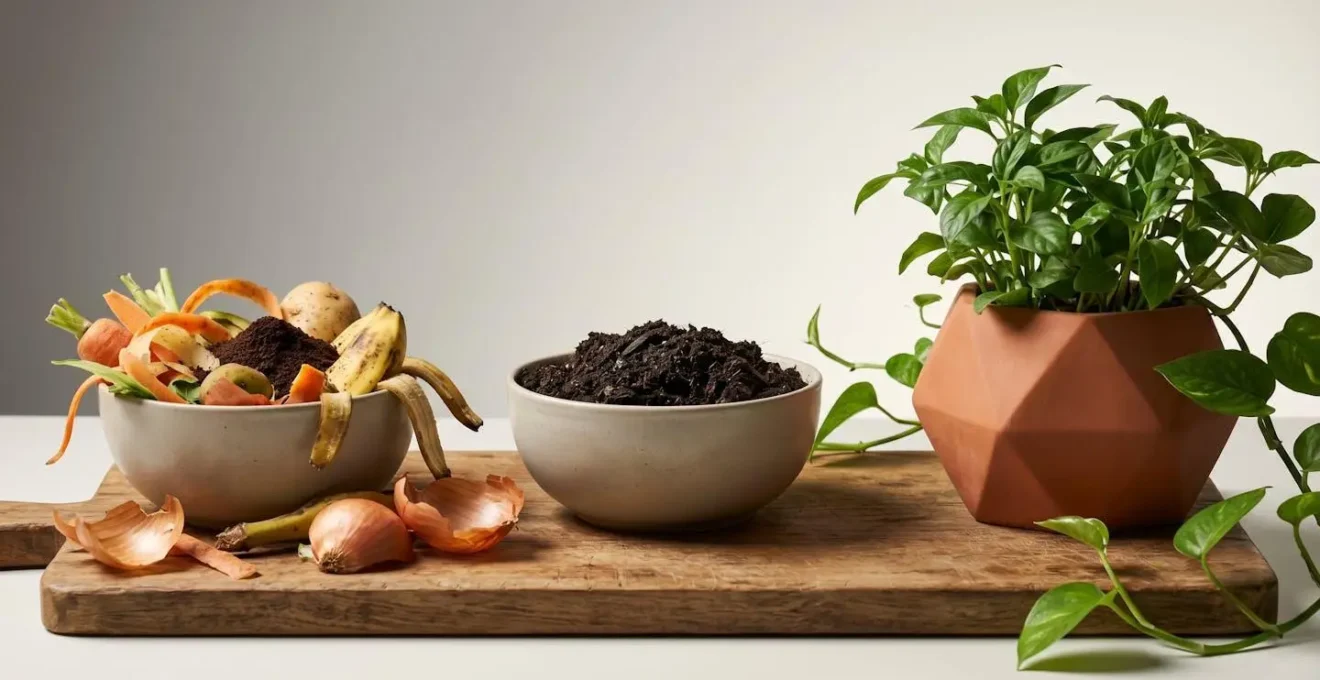 Symbolic arrangement showing kitchen organic waste transitioning into thriving plant soil in circular ecosystem concept