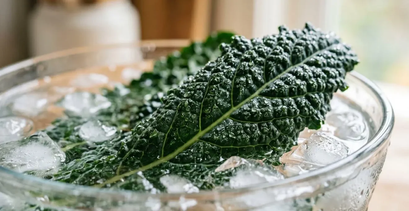 Close-up macro shot of fresh dark leafy greens submerged in ice water bath showing water droplets and cellular crispness