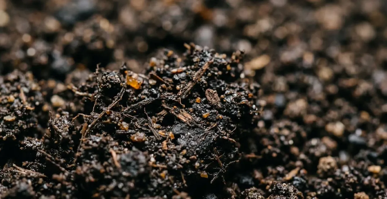 Extreme close-up macro photograph showing rich living soil texture with visible organic matter and beneficial microbial activity