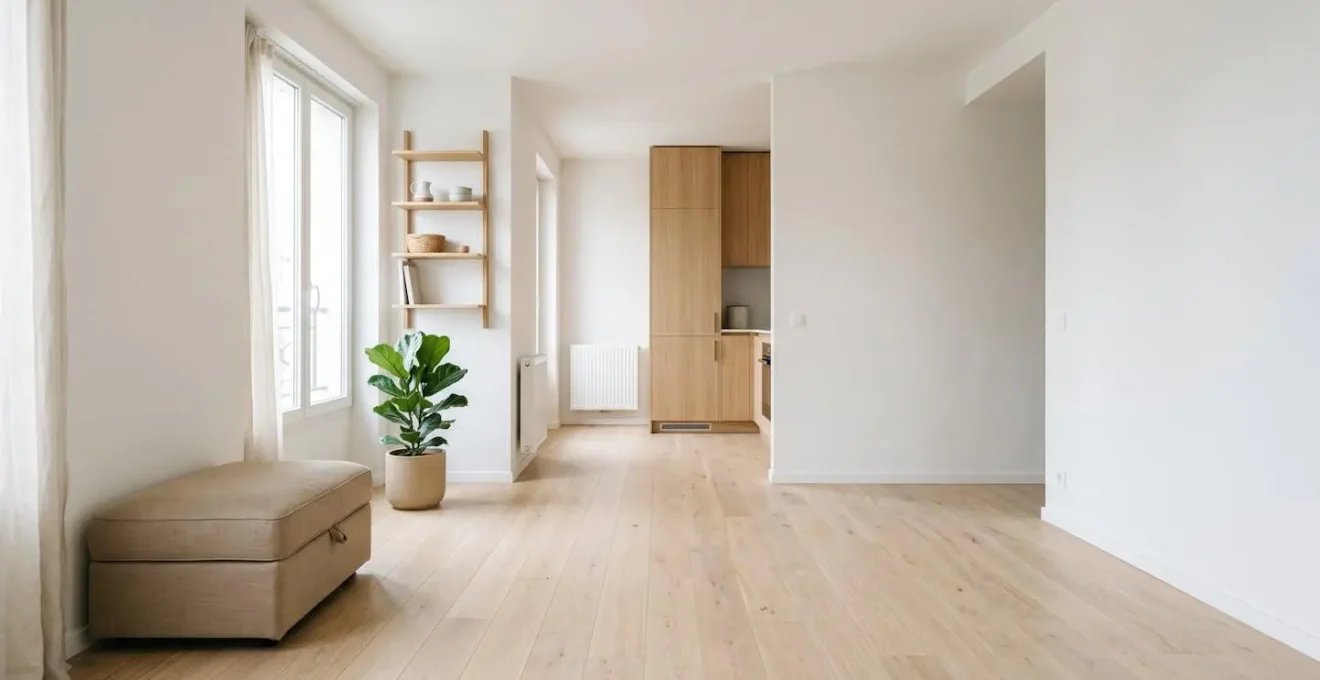 Wide-angle view of a calm minimalist 50 square meter urban apartment with intentional negative space and compact living solutions