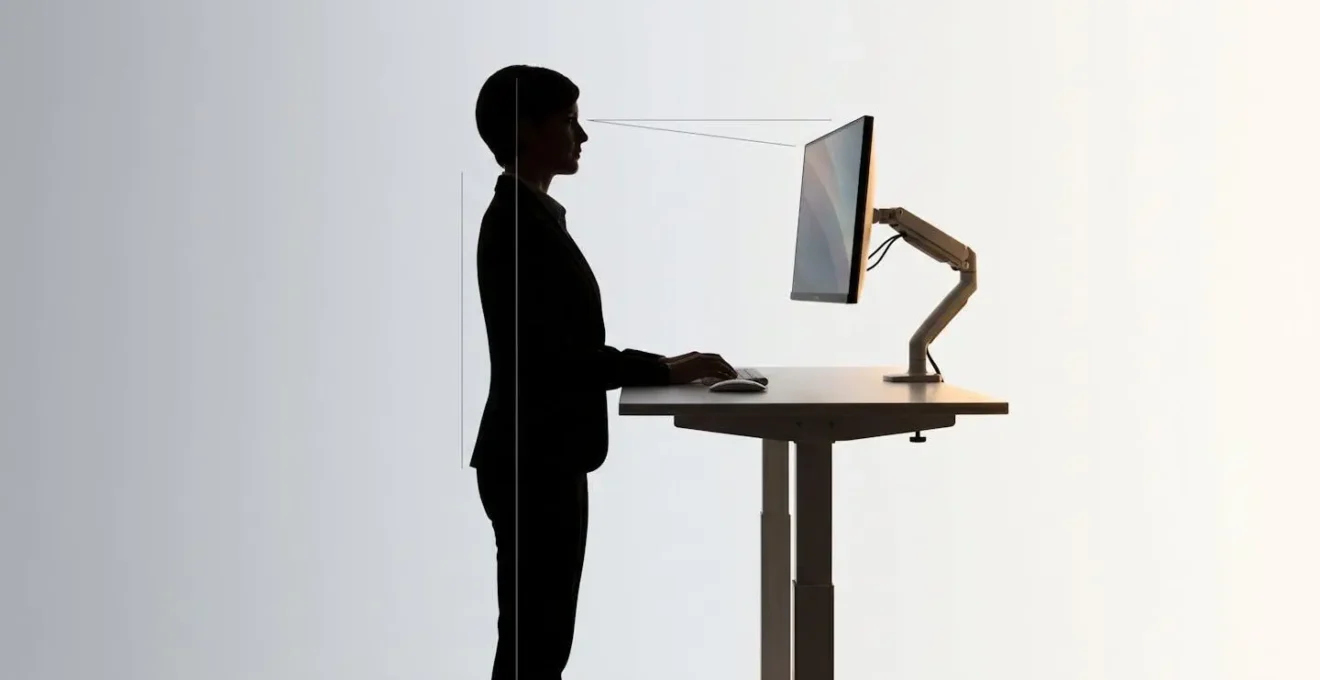 Side profile view showing correct monitor height relationship to eye level and neutral cervical spine alignment during standing desk work