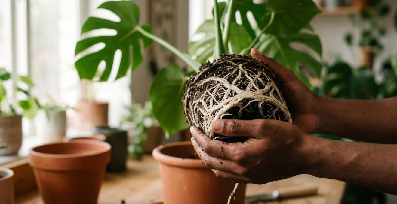 Medium shot of healthy Monstera deliciosa root ball showing vigorous white feeder roots during spring repotting