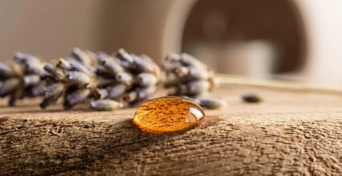 Extreme close-up of natural essential oil droplets and botanical textures with soft diffused lighting emphasizing organic aromatherapy elements
