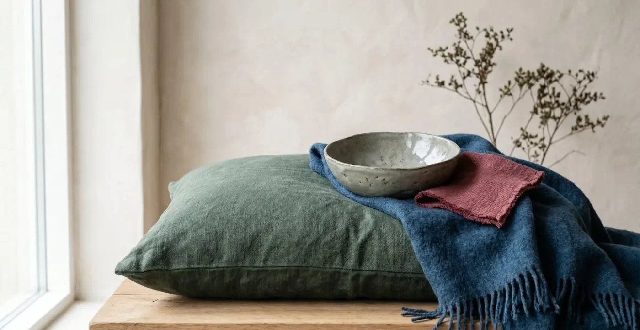 Carefully arranged still life of Nordic-inspired muted accent colors including pine green textile, lichen grey ceramic, and winter berry red cushion against warm neutral backdrop