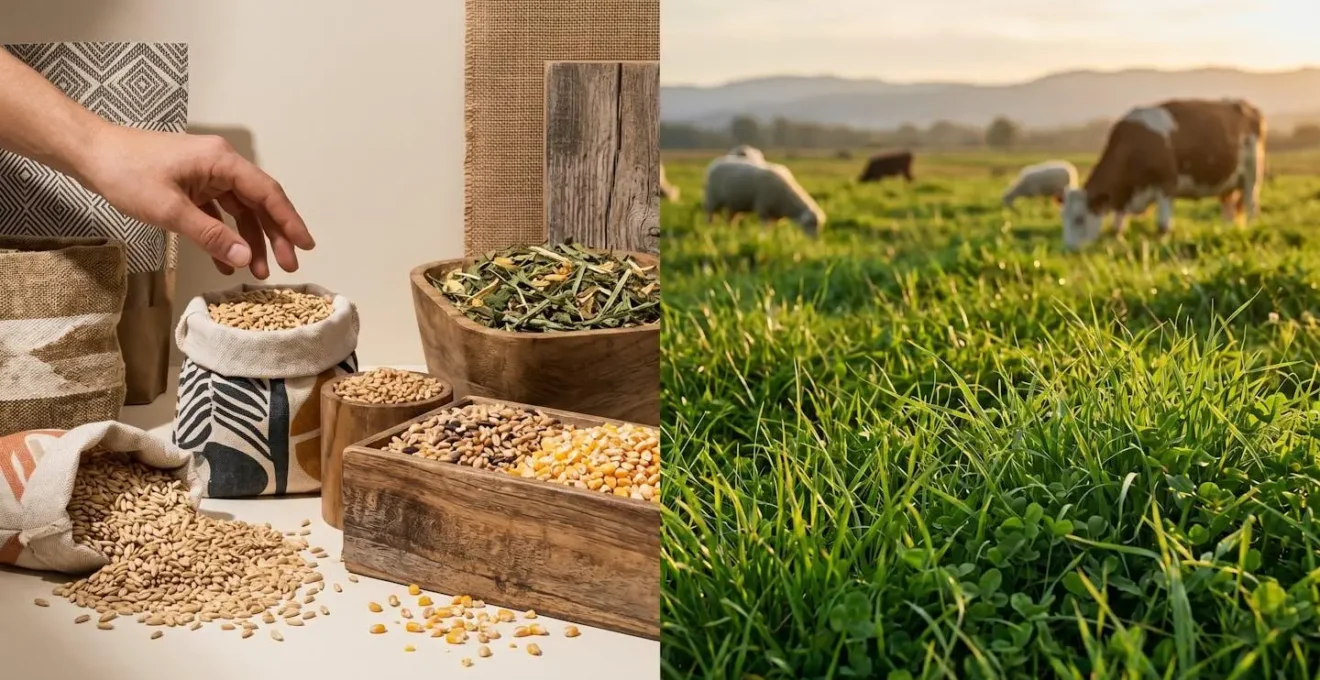 Symbolic visual metaphor comparing two distinct farming environments side by side using natural elements like grass, feed, and sunlight
