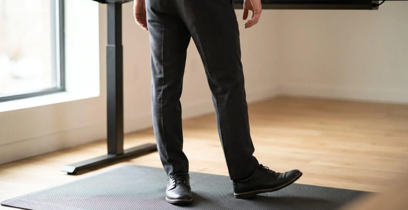 Close-up view of lower body and feet showing subtle weight shifting and postural adjustment signals during standing work