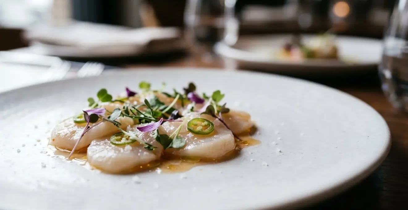 Pre-plated cold seafood appetizer with delicate garnishes on a chilled white plate, showcasing professional restaurant-style presentation